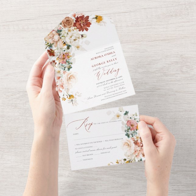 Invitation Tout En Un PixDezines Aquarelle Automne Fleurs de Jardin (Déchirure)