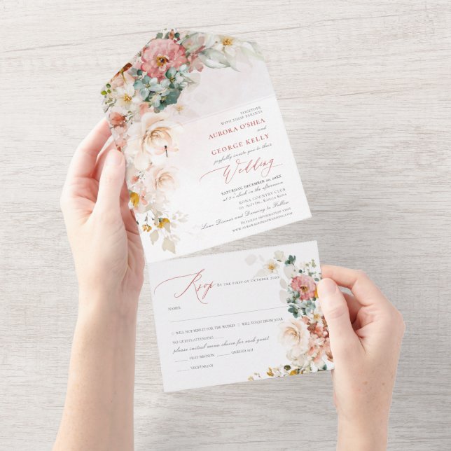 Invitation Tout En Un PixDezines Aquarelle Automne Fleurs de Jardin (Déchirure)