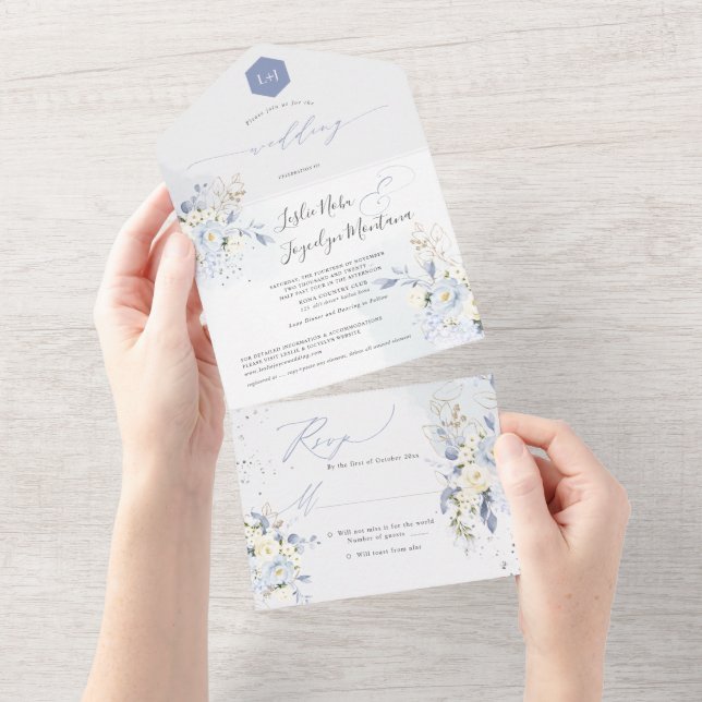 Invitation Tout En Un PixDezines Aquarelle Blue Hyde Cream Roses (Déchirure)