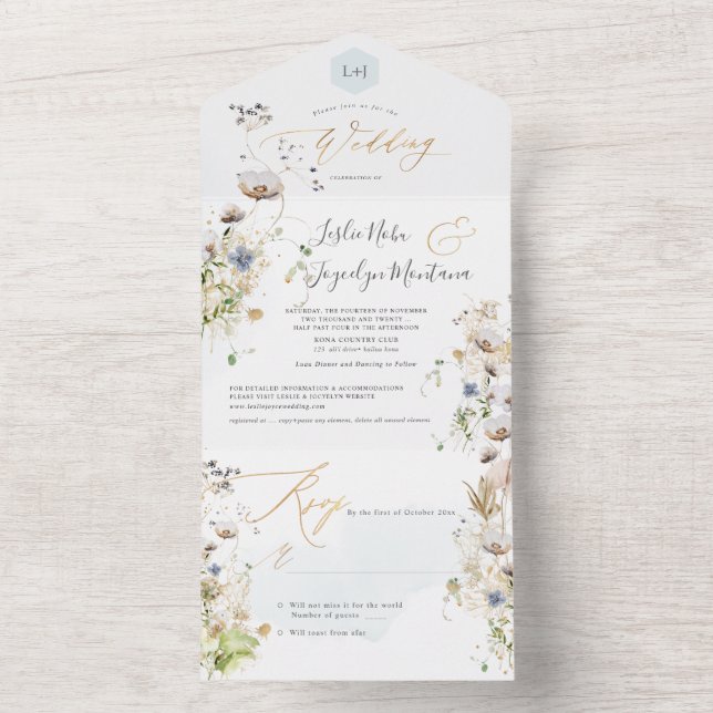 Invitation Tout En Un PixDezines Aquarelle Fleurs de prairies hivernales (À l'intérieur)