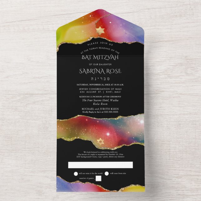 Invitation Tout En Un PixDezines Aquarelle Galaxy Agate Bat mitzvah (À l'intérieur)