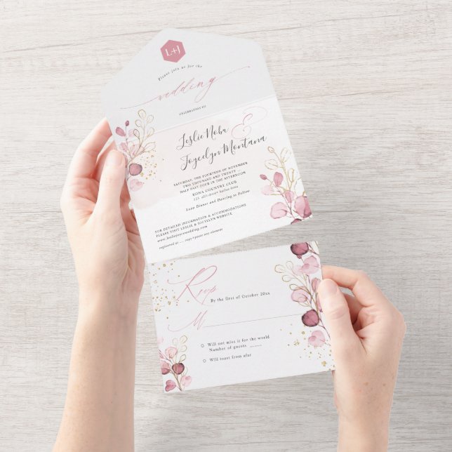 Invitation Tout En Un PixDezines Aquarelle Rustique Dusty Rose Eucalyptu (Déchirure)