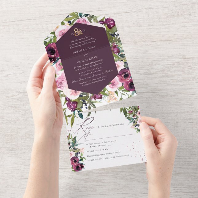 Invitation Tout En Un PixDezines Boho Bourgogne Pies roses (Déchirure)