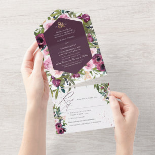 Invitation Tout En Un PixDezines Boho Bourgogne Pies roses