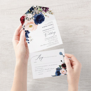 Invitation Tout En Un PixDezines Burgundy Blush Navy H2 Fleurs toutes en