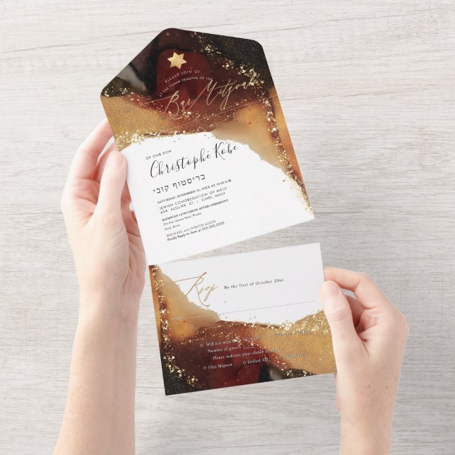Invitation Tout En Un PixDezines Cosmic Rust Gold Bar Mitzvah (Déchirure)