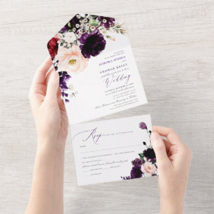 Invitation Tout En Un PixDezines Eggplant Blush Navy H2 Fleurs