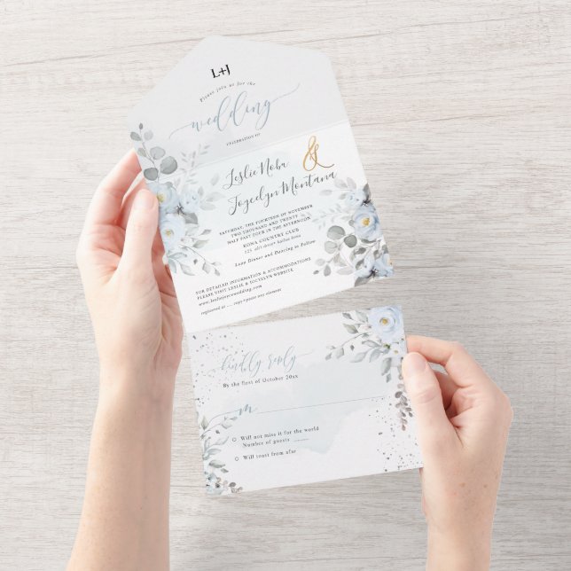 Invitation Tout En Un PixDezines Elégant Dusty Blue Roses (Déchirure)