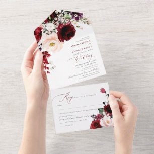 Invitation Tout En Un PixDezines Fleurs H2 Rouges Bourgogne