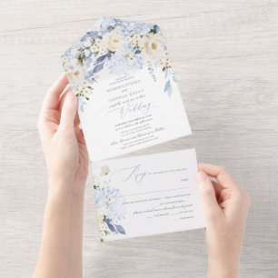 Invitation Tout En Un PixDezines H2 Bleu Poussiéreux Fleurs Roses Hydran