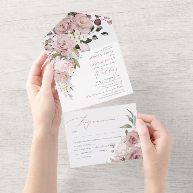 Invitation Tout En Un PixDezines H2 Fleurs Roses Dusty (Déchirure)