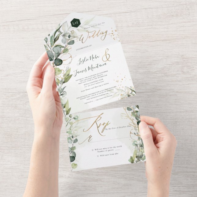 Invitation Tout En Un PixDezines H2 Gomme Rustique Eucalyptus Vert Or (Déchirure)