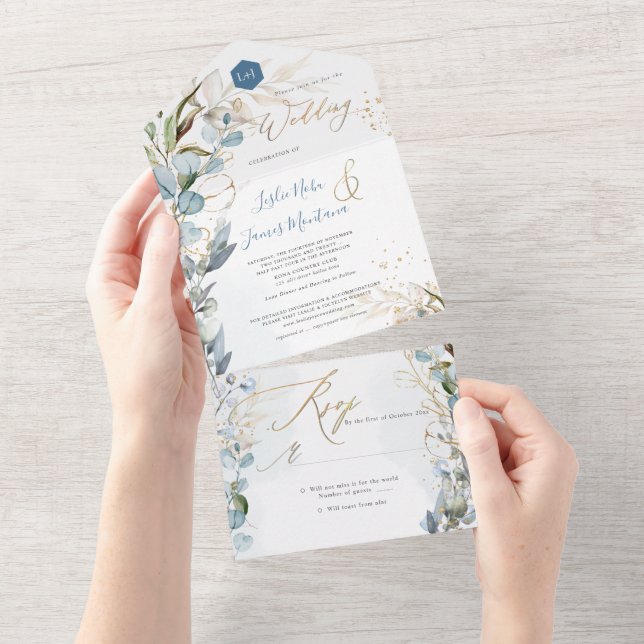 Invitation Tout En Un PixDezines H2 Rustique Dusty Blue Eucalyptus Gold (Déchirure)