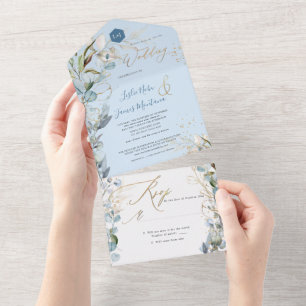 Invitation Tout En Un PixDezines H2 Rustique Dusty Blue Eucalyptus Gold