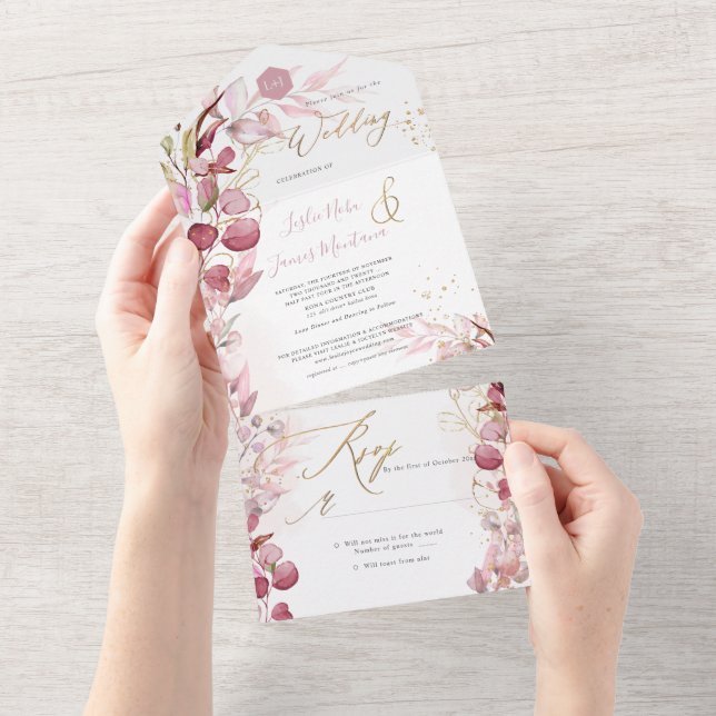 Invitation Tout En Un PixDezines H2 Rustique Dusty Rose Eucalyptus Gold (Déchirure)