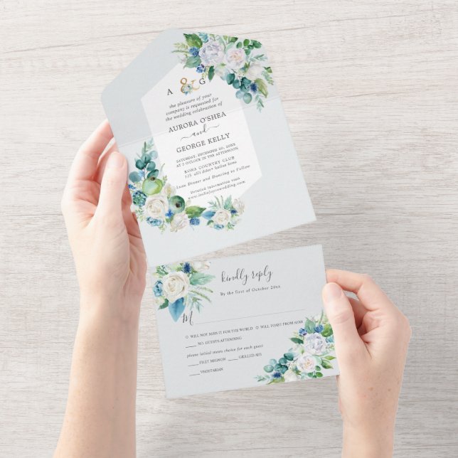 Invitation Tout En Un PixDezines Hiver H2 Fleurs Elégant Bleu Blanc (Déchirure)