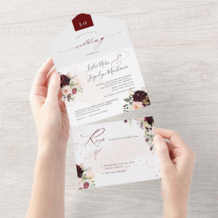 Invitation Tout En Un PixDezines Rustique Blush Bourgogne AquarelleFleur