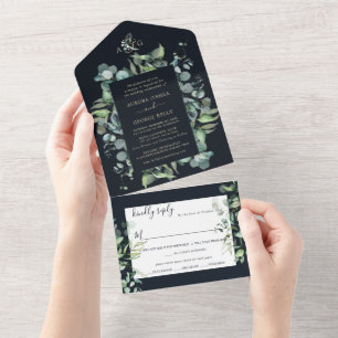 Invitation Tout En Un PixDezines Rustique Eucalyptus Navy en or tout ded
