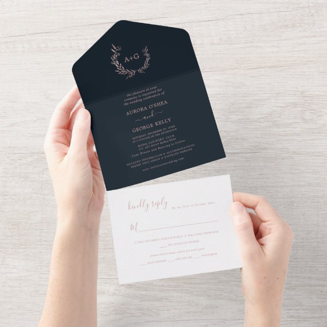 Invitation Tout En Un PixDezines Simple Marine Blue Faux Rose Gold Wreat (Déchirure)
