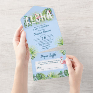Invitation Tout En Un Plage Aloha Bleu clair Baby shower Déchets Raffle