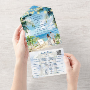 Invitation Tout En Un Plage aux Palmiers Tropicaux Code QR de l'Emplacem