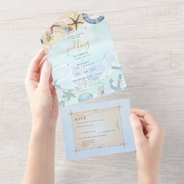 Invitation Tout En Un Plage Côtière Rustique Boho Wedding RSVP MENU All  (Déchirure)