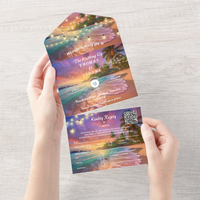Invitation Tout En Un Plage Coucher de Soleil Tropical Code QR Océan (Déchirure)