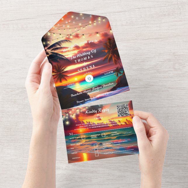 Invitation Tout En Un Plage Coucher de Soleil Tropical Code QR Océan (Déchirure)