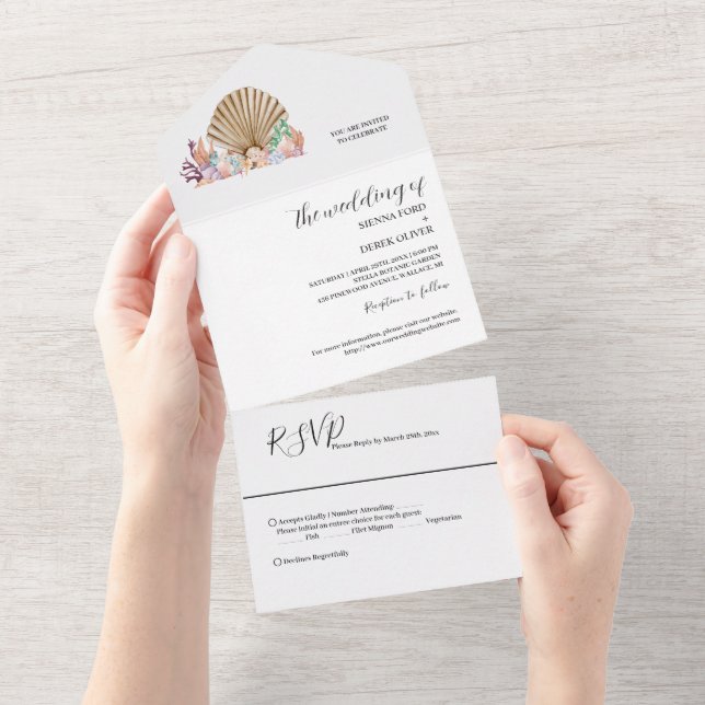 Invitation Tout En Un Plage de Coral & Seashell Mariage (Déchirure)