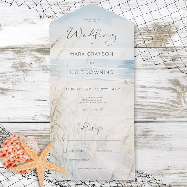 Invitation Tout En Un Plage d'eau de mer moderne Pas de dîner (Modern Seaside Watercolor Beach No Dinner All In One Invitation)