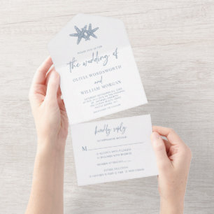 Invitation Tout En Un Plage moderne Starfish Mariage Dusty Blue