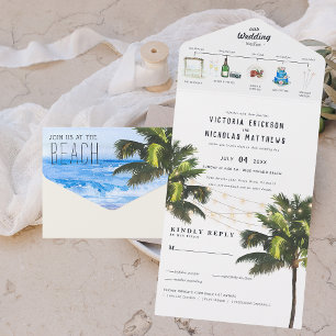 Invitation Tout En Un Plage tropicale de l'océan   Mariage illustré