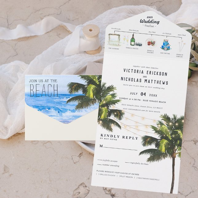 Invitation Tout En Un Plage tropicale de l'océan | Mariage illustré (Créateur téléchargé)