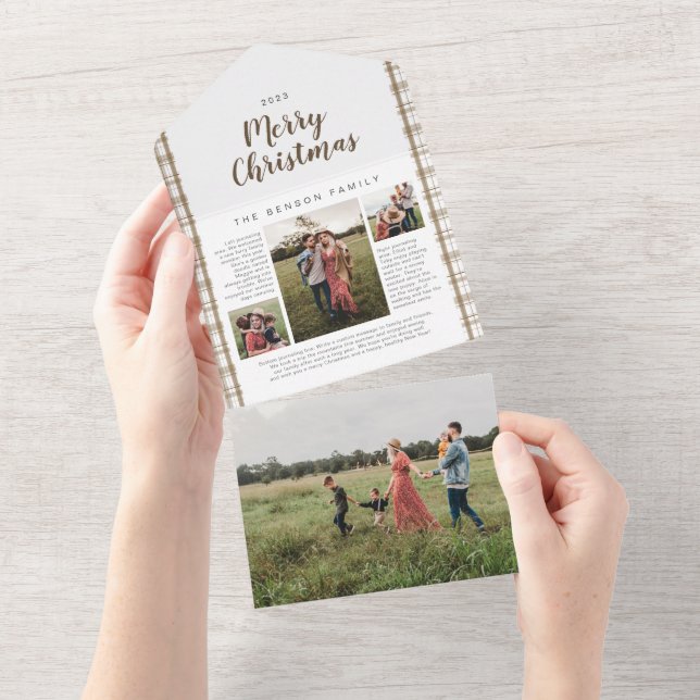 Invitation Tout En Un Plaid Christmas Journal Brown 4 Photo Holiday (Déchirure)