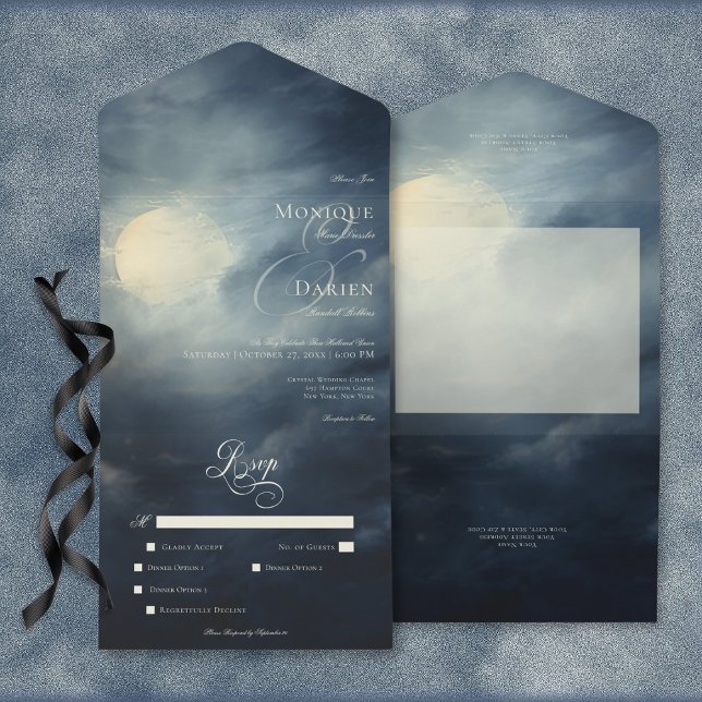 Invitation Tout En Un Pleine lune gothique foncé Nuit Ciel Dîner (Dark Gothic Full Moon Night Sky Dinner All In One Invitation)