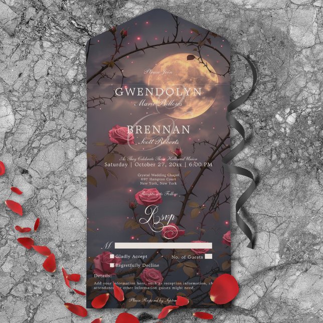 Invitation Tout En Un Pleine lune gothique foncée et roses rouges de san (Dark Gothic Full Moon & Blood Red Roses No Dinner All In One Invitation)