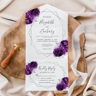 Invitation Tout En Un Plum Argent Floral Mariage blanc géométrique
