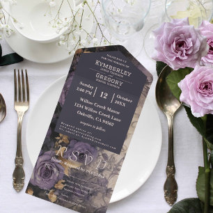 Invitation Tout En Un Plum floral foncé violet Rose or Accent E-mail