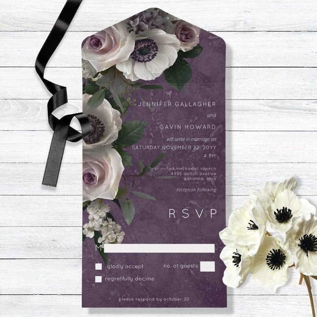 Invitation Tout En Un Plum Purple Élégant Floral Moderne Sans Dîner (Créateur téléchargé)