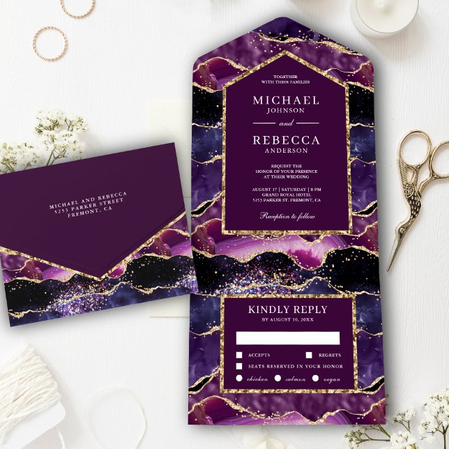 Invitation Tout En Un Plum Purple Gold Glitter Agate Marble Wedding (Créateur téléchargé)