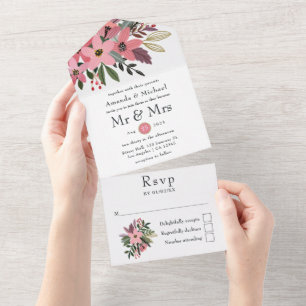 Invitation Tout En Un Plum rose et or Mariage floral