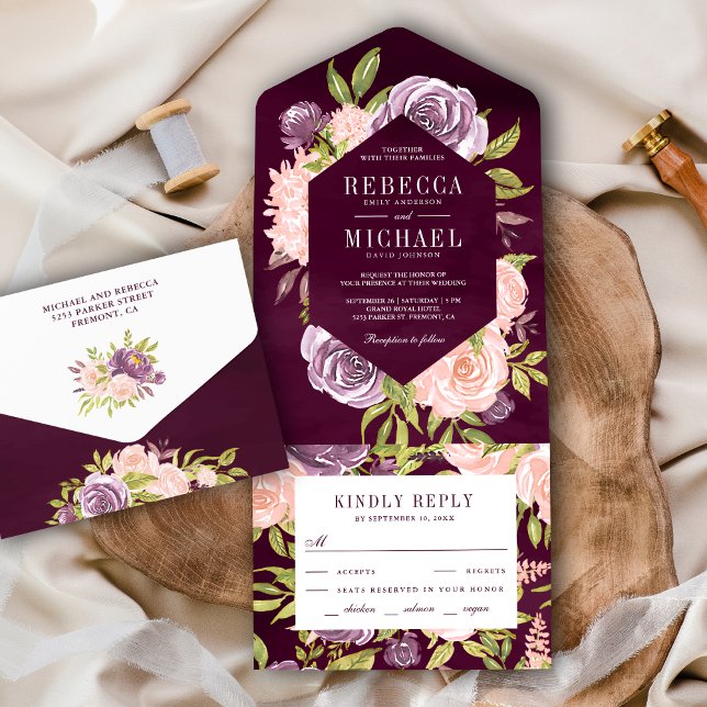 Invitation Tout En Un Plum rustique violet et rose pâle Mariage floral (Créateur téléchargé)