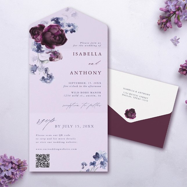 Invitation Tout En Un Plum violet & Indigo Bleu Élégant Mariage floral (Front & Back)
