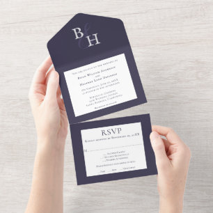 Invitation Tout En Un Plum violet minimaliste Mariage Monogramme