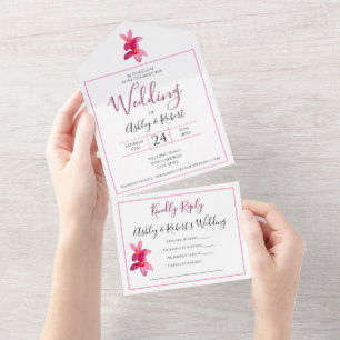 Invitation Tout En Un Plumeria rose Fleurs sur blanc, Mariage moderne