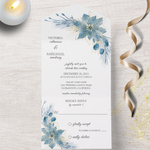 Invitation Tout En Un Poinsettia bleu et or moderne sur blanc