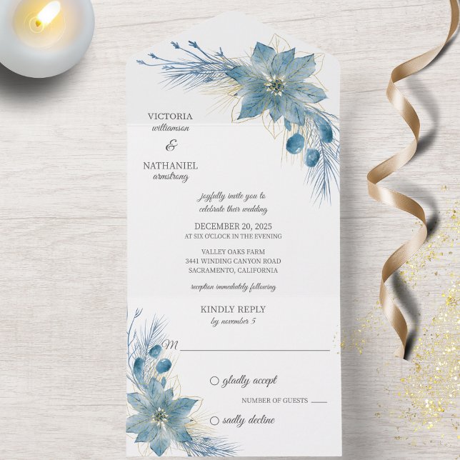 Invitation Tout En Un Poinsettia bleu et or moderne sur blanc (Also available with QR code. )