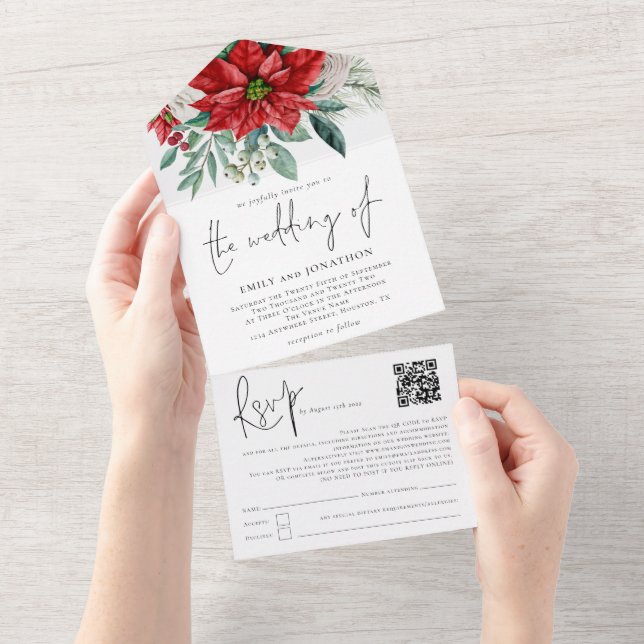 Invitation Tout En Un Poinsettia Foliage QR Code Script Mariage (Déchirure)