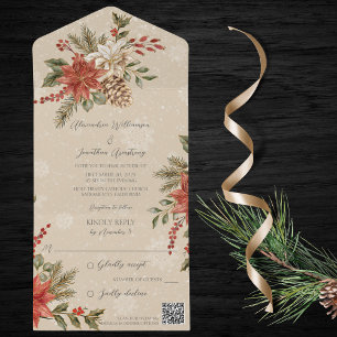 Invitation Tout En Un Poinsettias avec du houx sur QR code beige enneigé