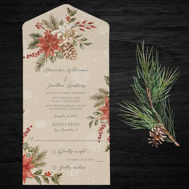 Invitation Tout En Un Poinsettias avec Holly sur Beige Neige (Also available with QR code. )